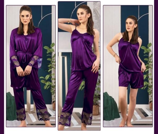 Satin Lace 3-Piece Nightwear Set – Deep Wine Elegance - Image 3