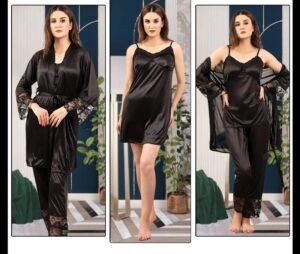 Satin Lace 3-Piece Nightwear Set – Deep Wine Elegance