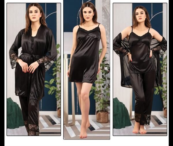 Satin Lace 3-Piece Nightwear Set – Deep Wine Elegance