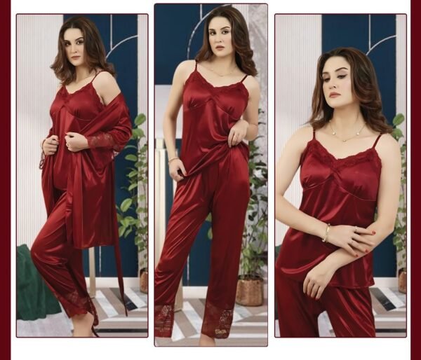 Satin Lace 3-Piece Nightwear Set – Deep Wine Elegance - Image 2