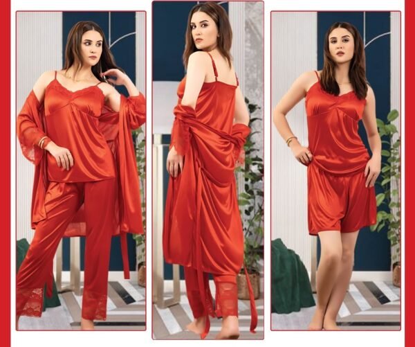 Satin Lace 3-Piece Nightwear Set – Deep Wine Elegance - Image 4