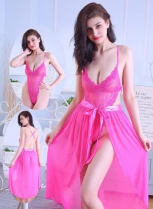 Fuchsia Fantasy Lace Bodysuit & Sheer Skirt Set – Bold, Flirty, & Unforgettable