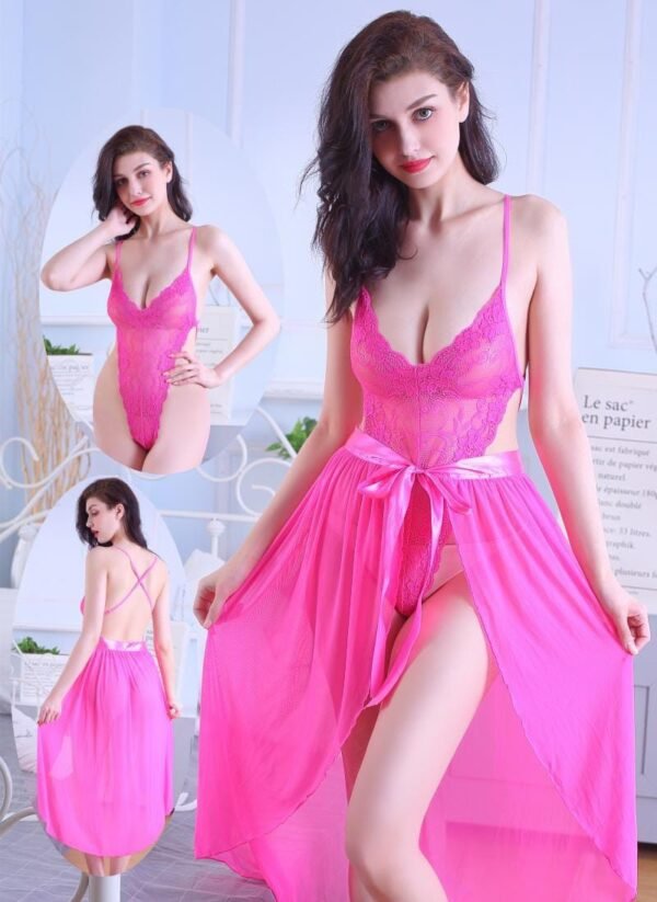 Fuchsia Fantasy Lace Bodysuit & Sheer Skirt Set – Bold, Flirty, & Unforgettable