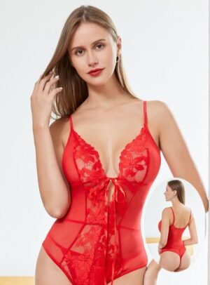 Red Sheer Lace Bodysuit – Deep Plunge Floral One-Piece