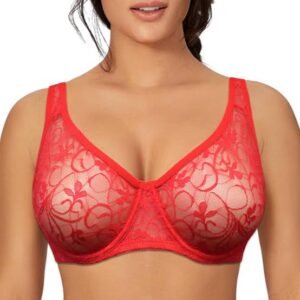 Red Sheer Lace Underwire Bra – Floral Mesh Full Coverage