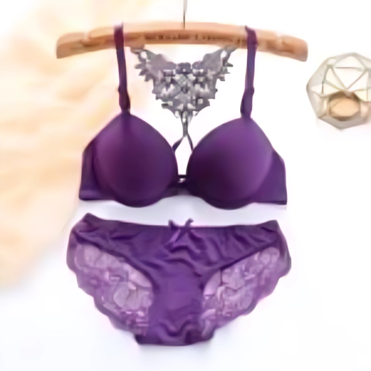 Purple Padded Lace Back Bra & Panty Set – Elegant Floral Design
