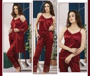 Satin Lace 3-Piece Nightwear Set – Deep Wine Elegance