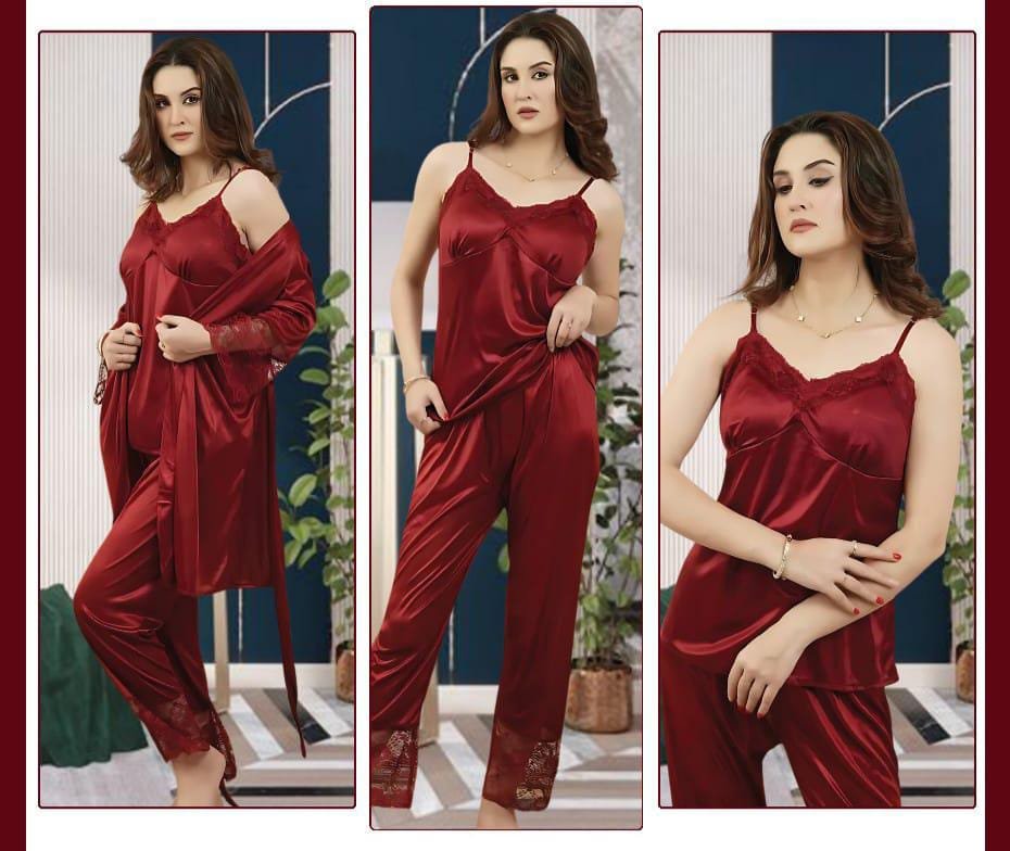 Satin Lace 3-Piece Nightwear Set – Deep Wine Elegance
