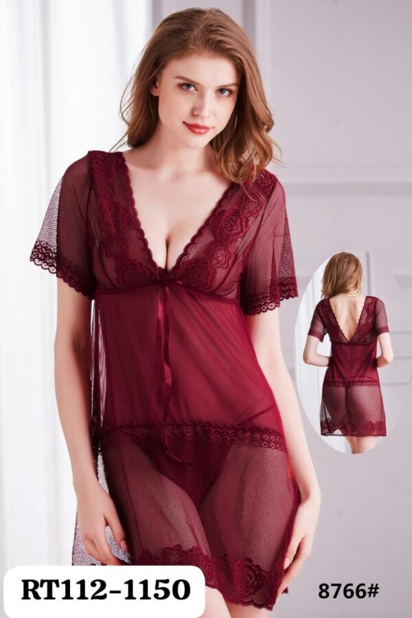Burgundy Mesh & Lace Babydoll – Romantic Elegance with Deep V and Sheer Charm