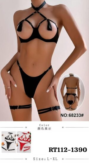 Bold Open Cup Harness Lingerie Set – Strappy Tease with Tassel Detail